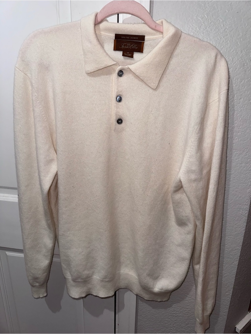 Tasso Elba 100 cashmere collared long sleeve button down cream size medium